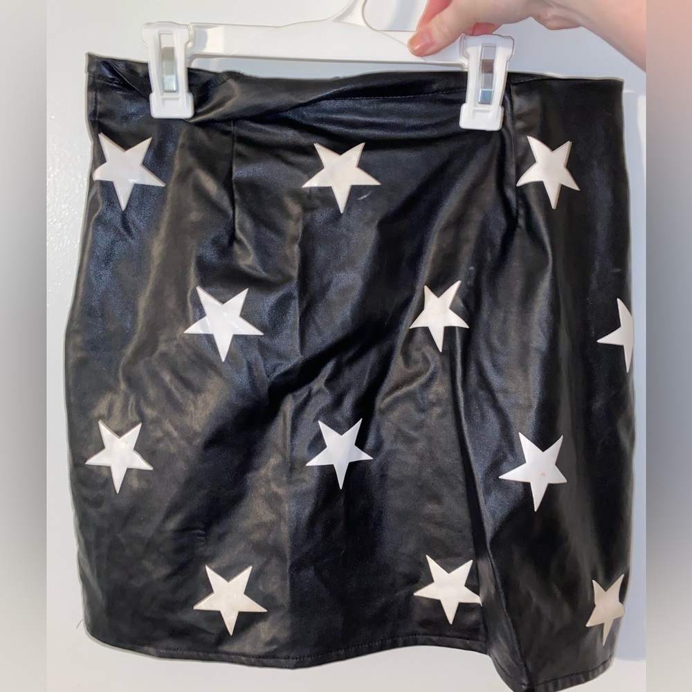 Black Pleather Mini Leather Skirt with White Stars